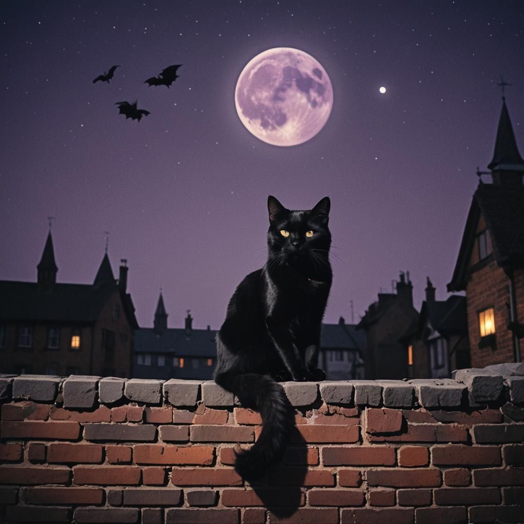 Black Cat on Brick Wall Under Full Moon