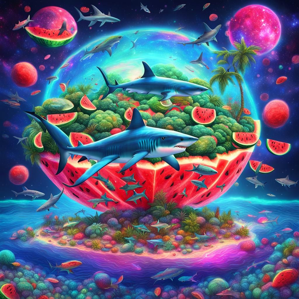 Island Trip with Sharks and Watermelons: Holographic Illustr...