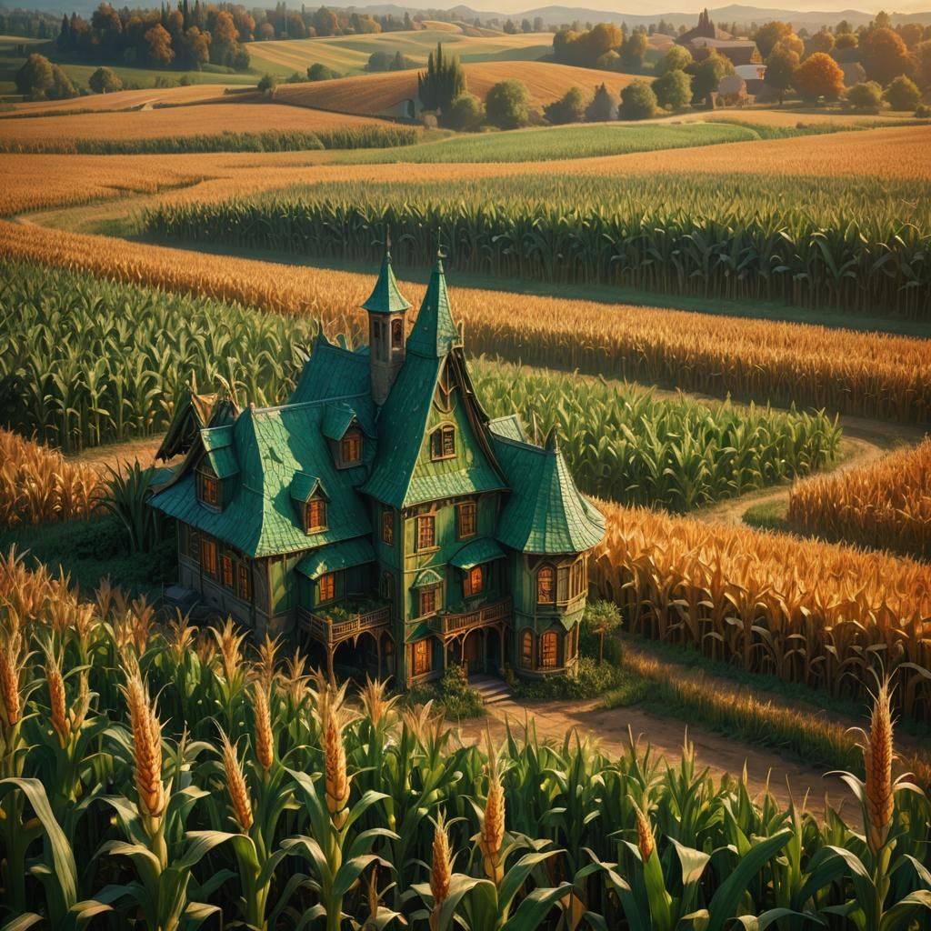 Enchanted House Beside Cornfield in Golden Light
