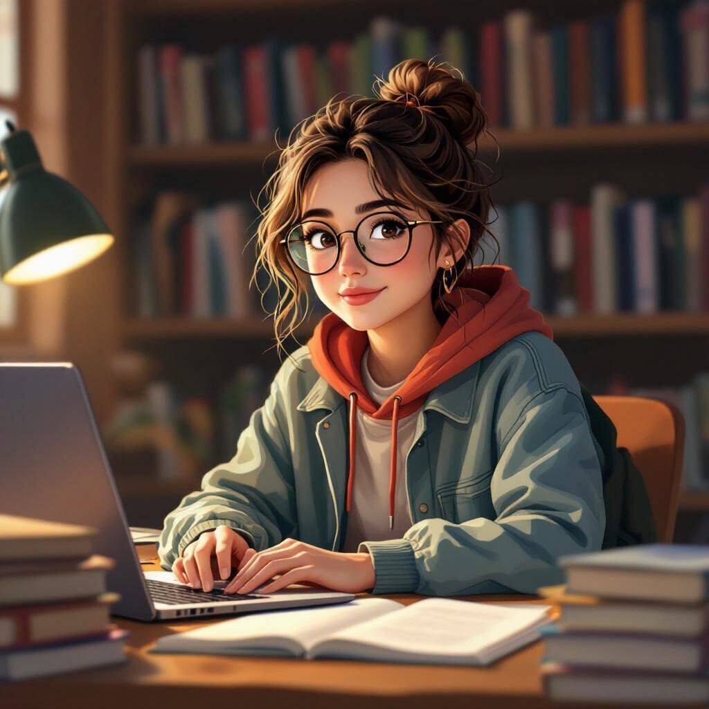 Student in Library: Warm Digital Art by Loish