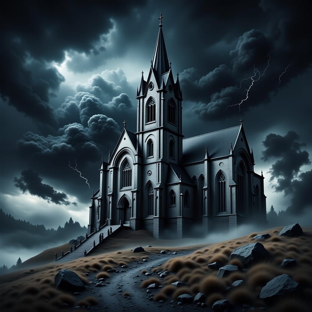 Abandoned Gothic Church Ruins in Thunderstorm