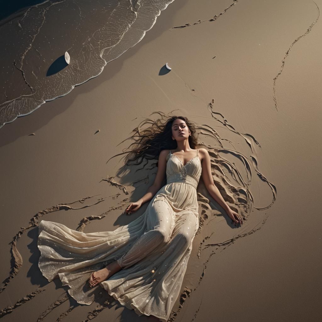 Moonlit Beach: Woman in Sheer Dress, Detailed Matte Painting