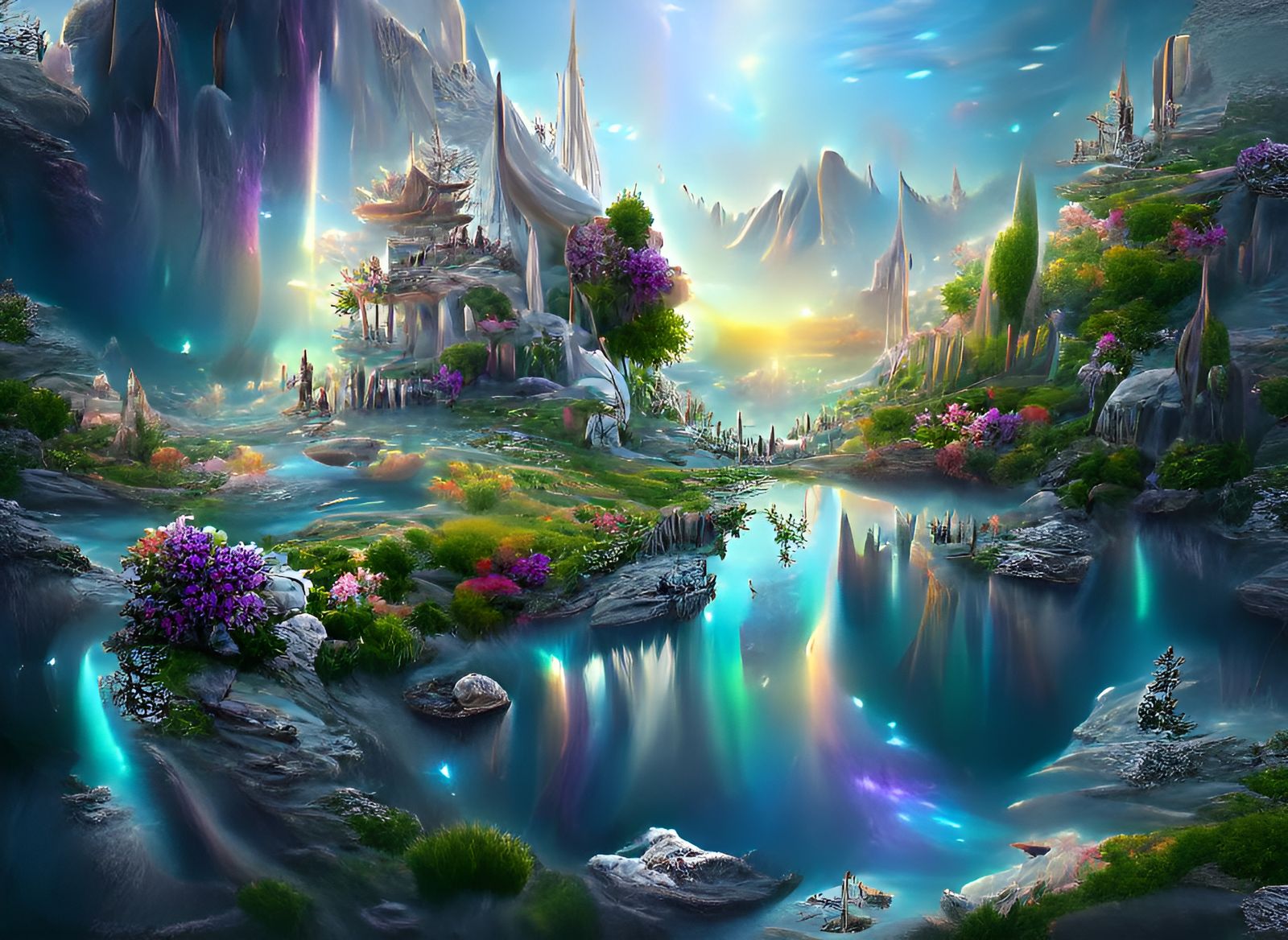Iridescent Fantasy Landscape with Luminous Sun and Flowers