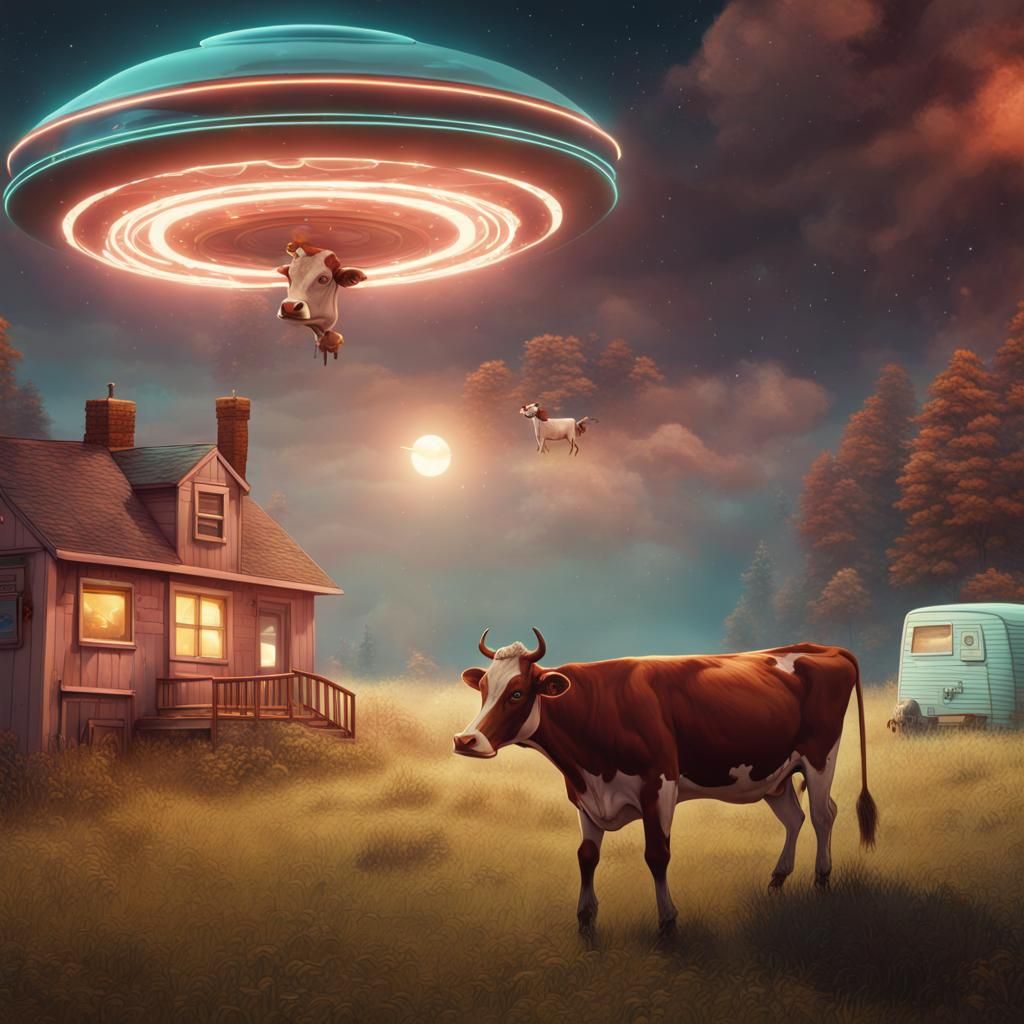 Cow Abduction by UFO: 1960s Detailed Matte Painting