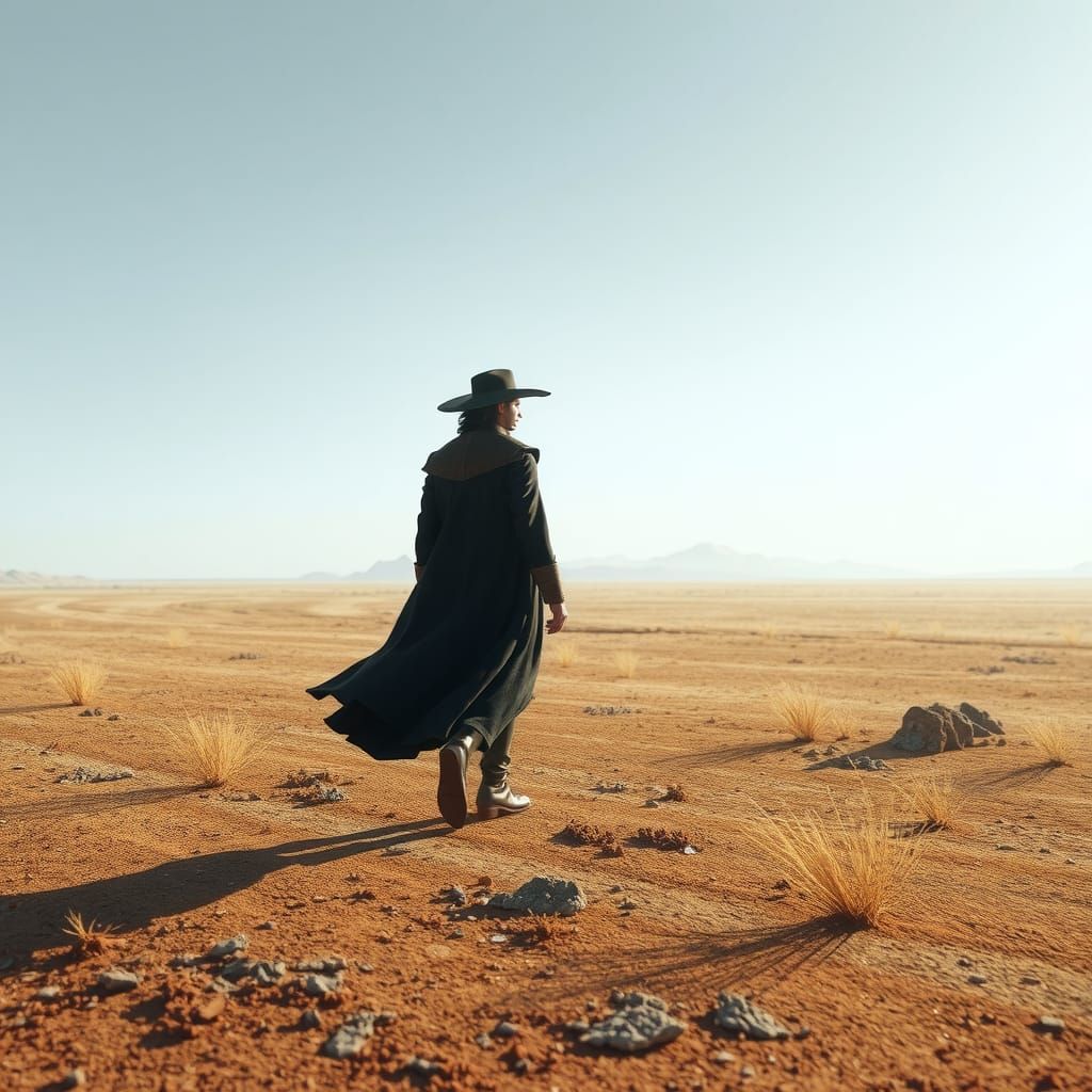 Solitary Figure on Windswept Plain with Glitch Art