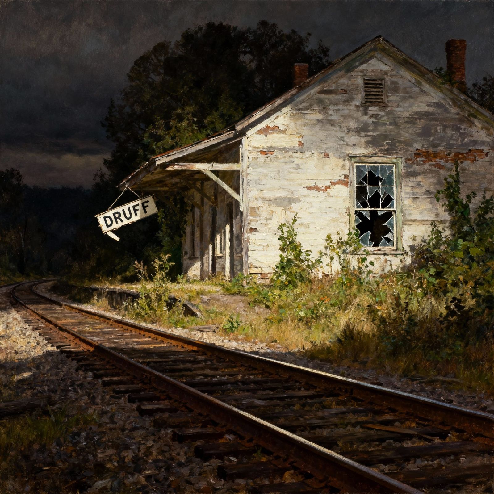 Abandoned Railroad Depot in Moody Oil Painting Style