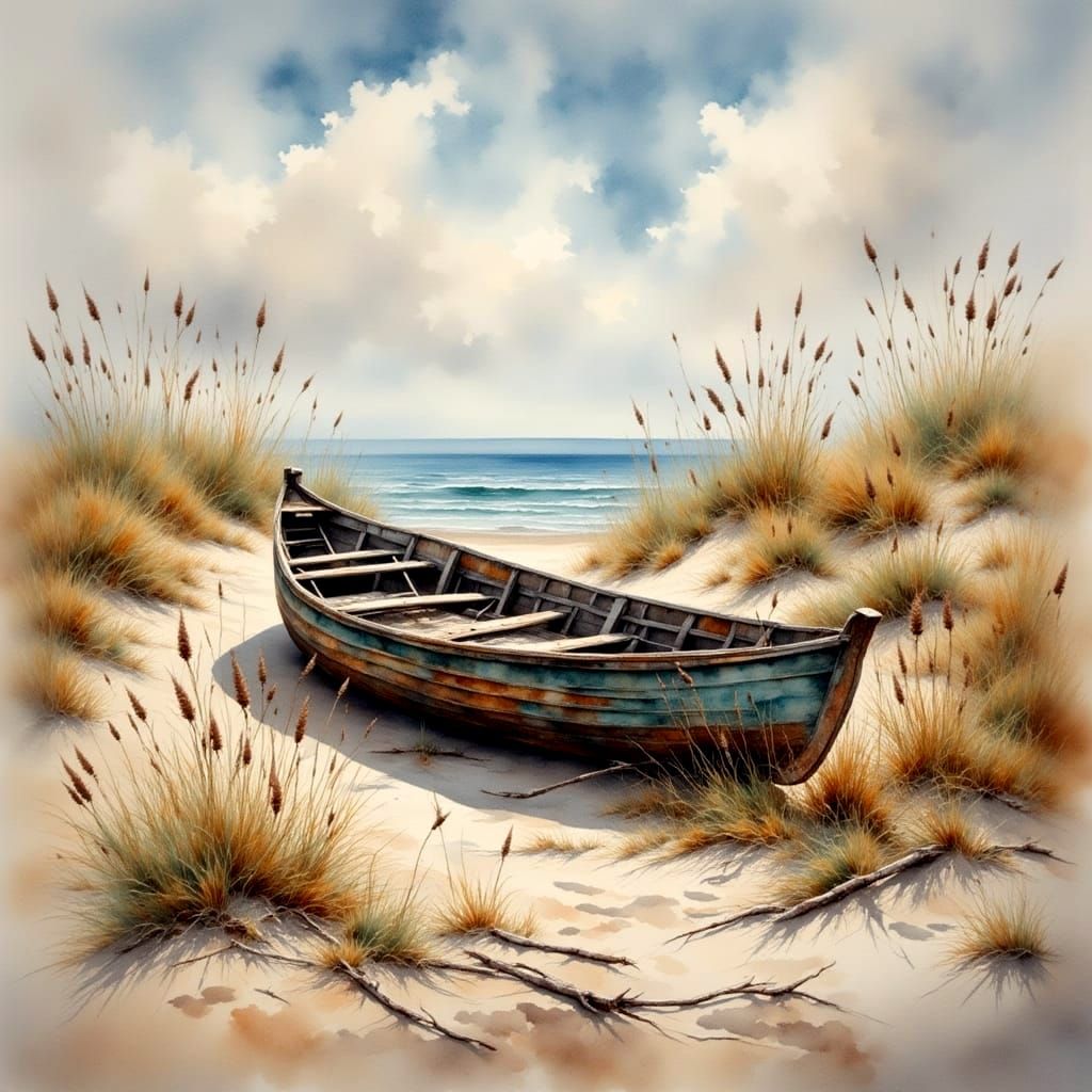 Washed-Up Rowboat in Antique Watercolor Style