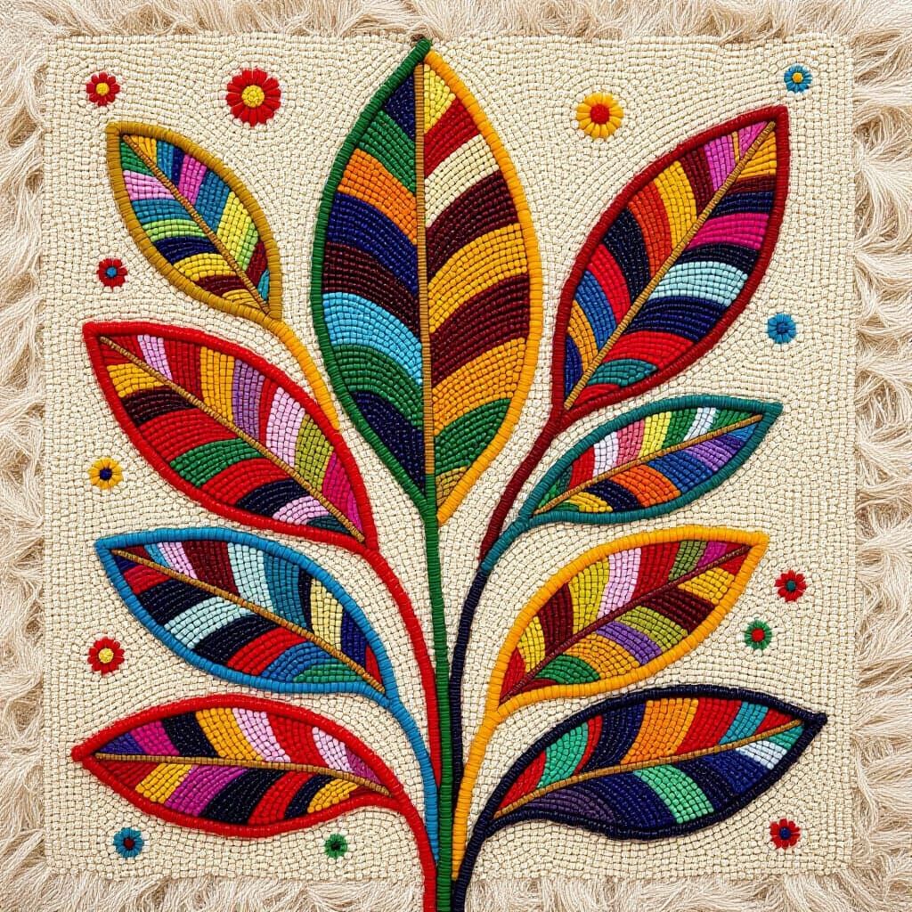 Beaded Textile with Leaf Motif in Folk Art Style
