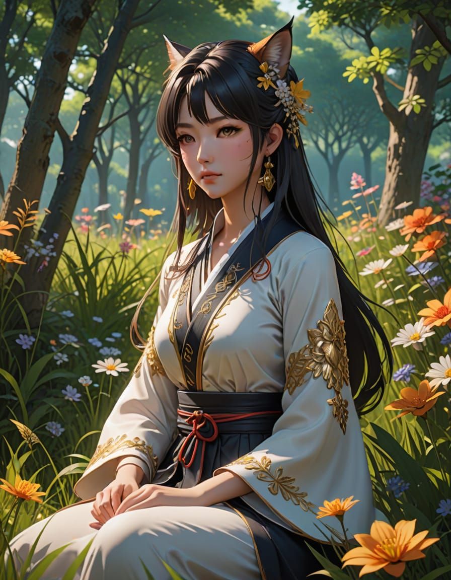 Young Woman in Lush Meadow, Inspired by Anime and 3D Art