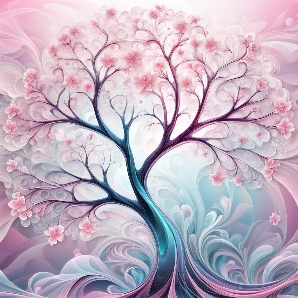 Delicate Glass Sakura Tree Fractal in Abstract Vector Art