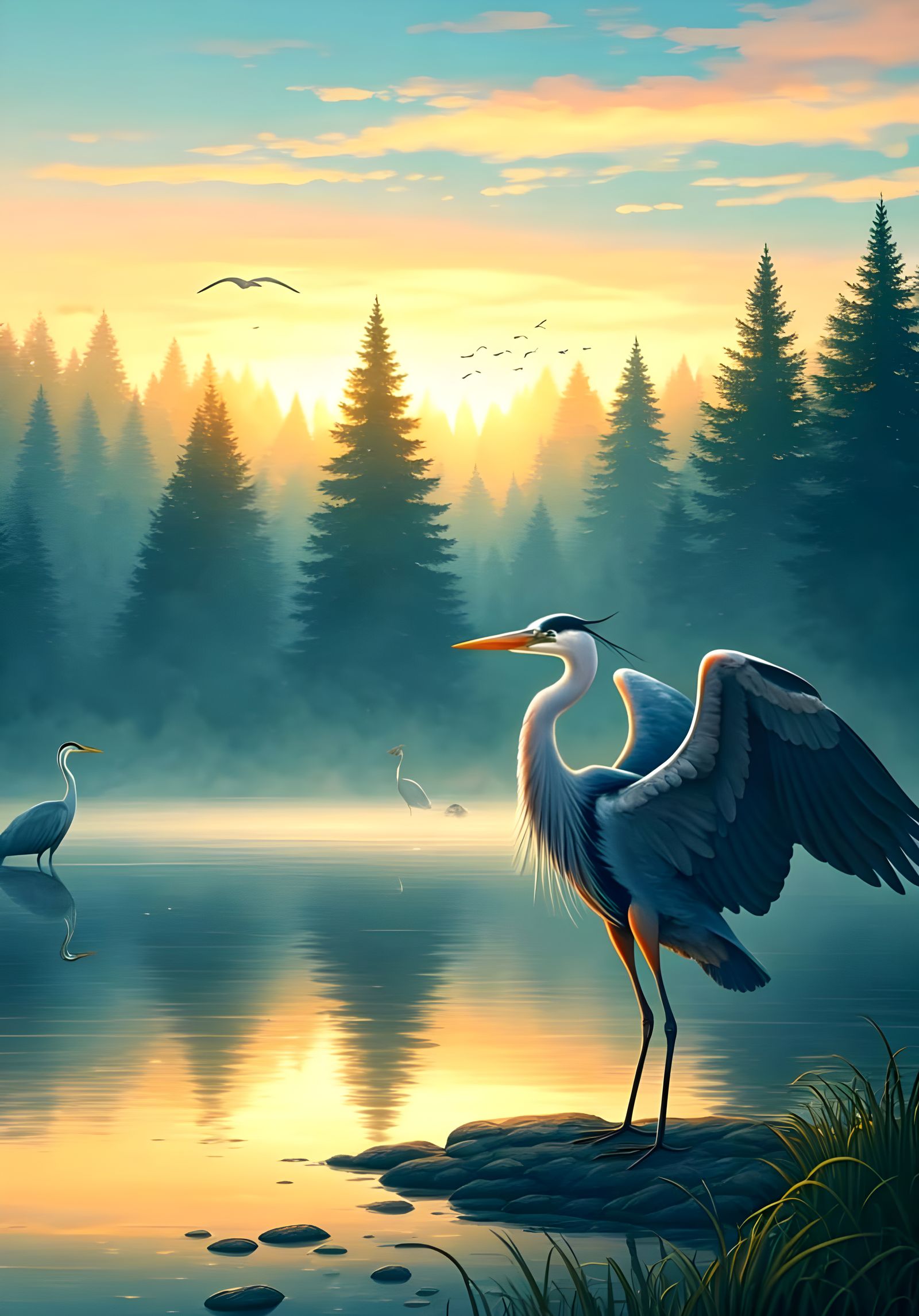 Heron Takes Flight Over Misty Lake: Digital Pastel Painting