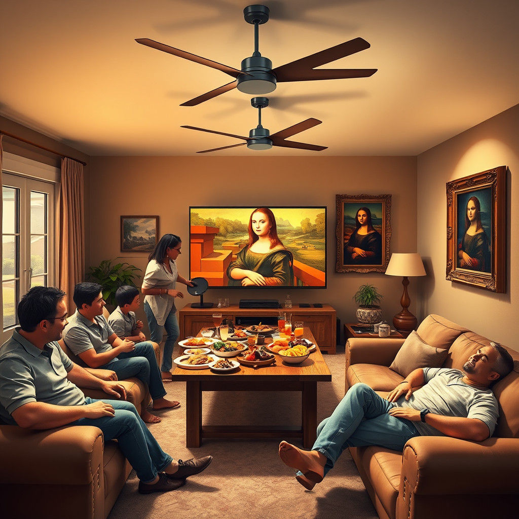 Cozy Living Room Scene with Mona Lisa, in Rockwell Style