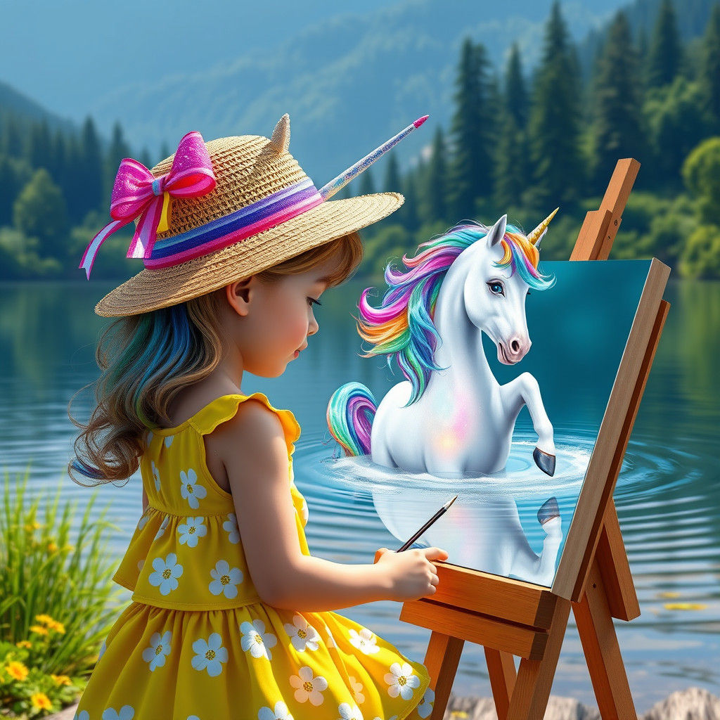 Girl Paints Unicorn at Lake, Dreamlike Matte Painting