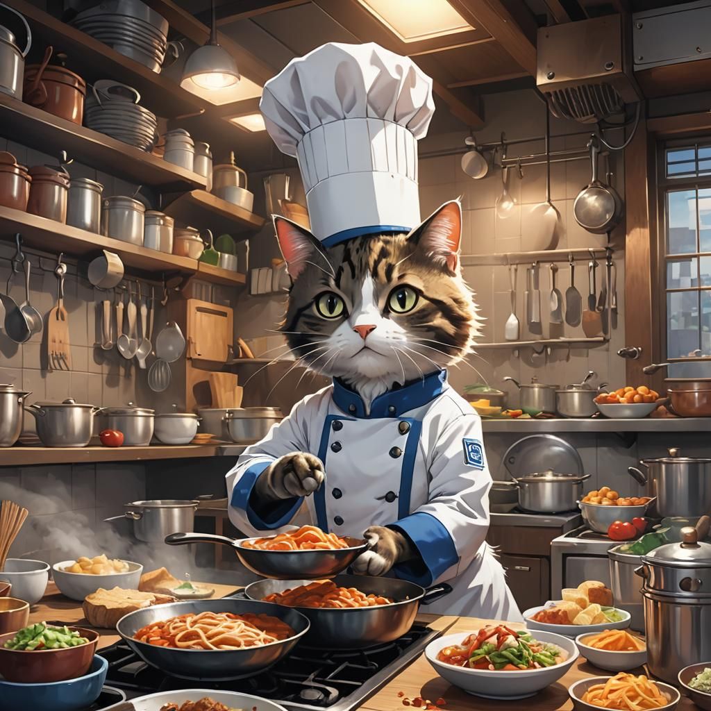 Anime Cat Chef in Cel-Shaded Manga Style
