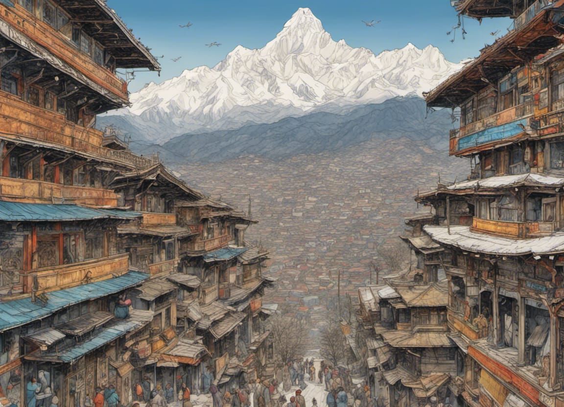 Hyperrealistic Kathmandu City View with Snowy Mountain