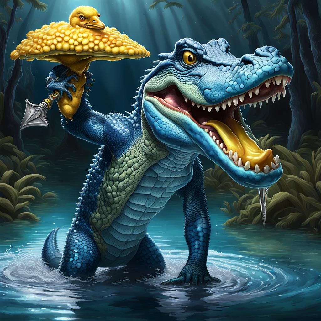 Blue Alligator Bodybuilder in Surreal Horror Landscape