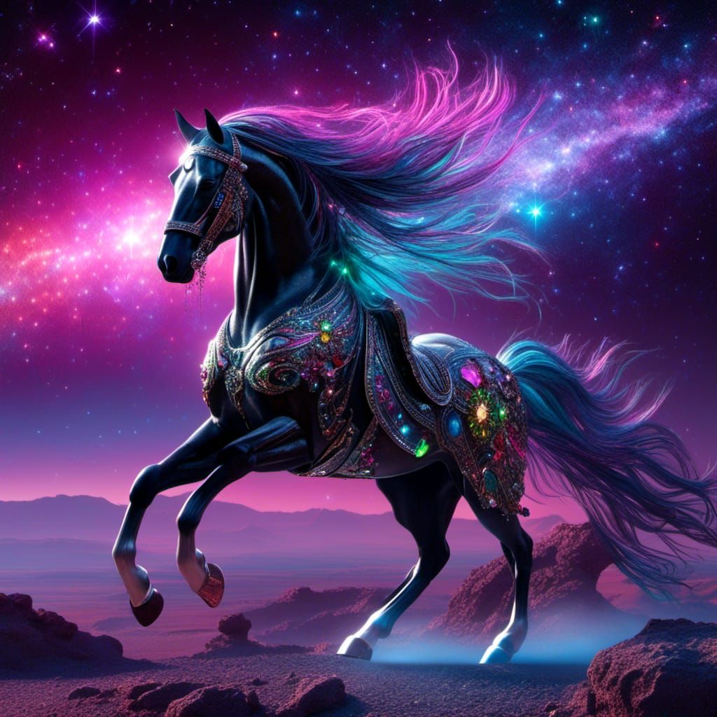 Neon Star War Horse in Retrofuturism Style