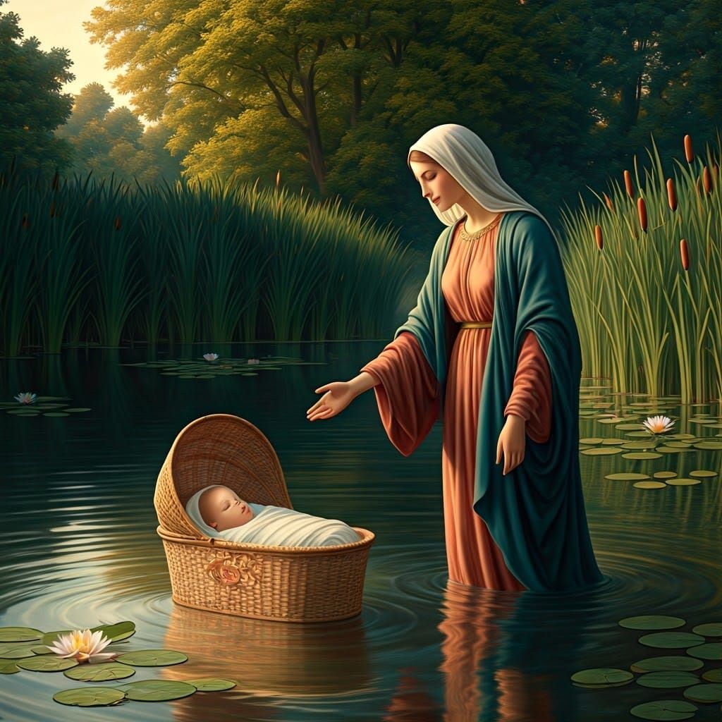 Majestic Biblical Woman with Baby in Serene Lake Scene