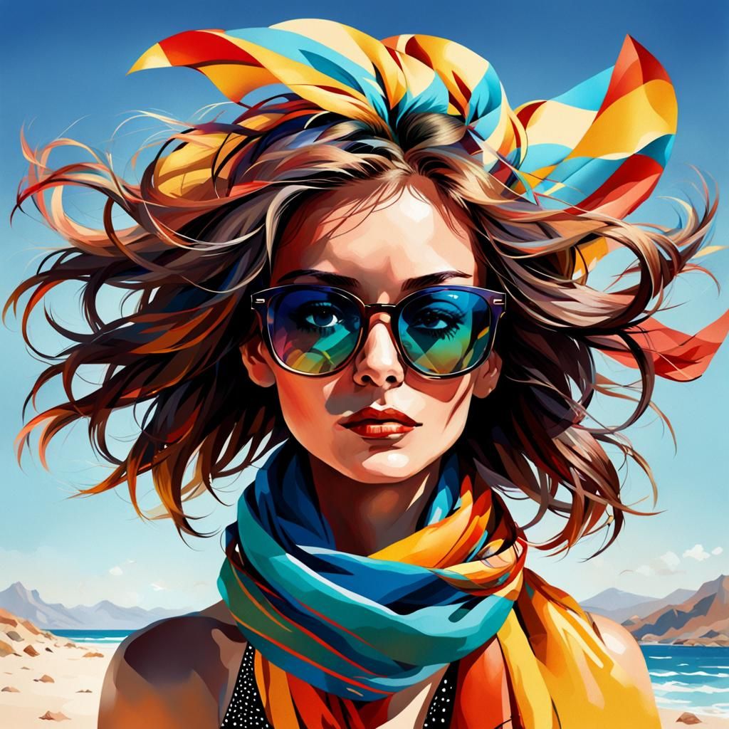 Woman with Scarf in Geometric Digital Art Style