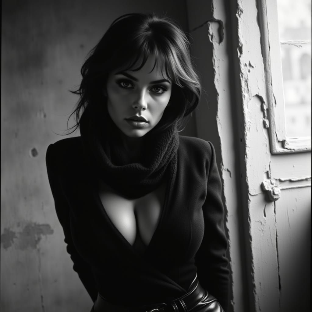 Raquel Welch in Black and White Brutalist Portrait