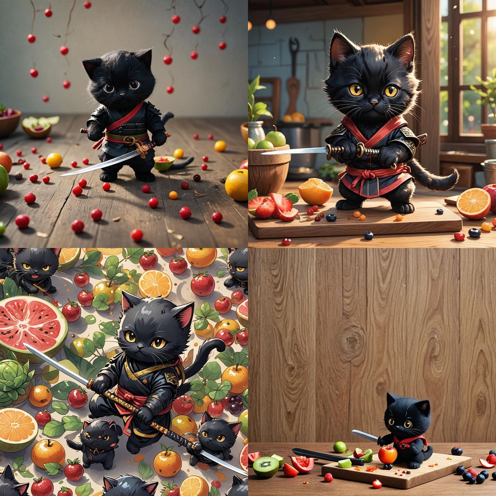 Ninja Kitten Chopping Fruit with Katana