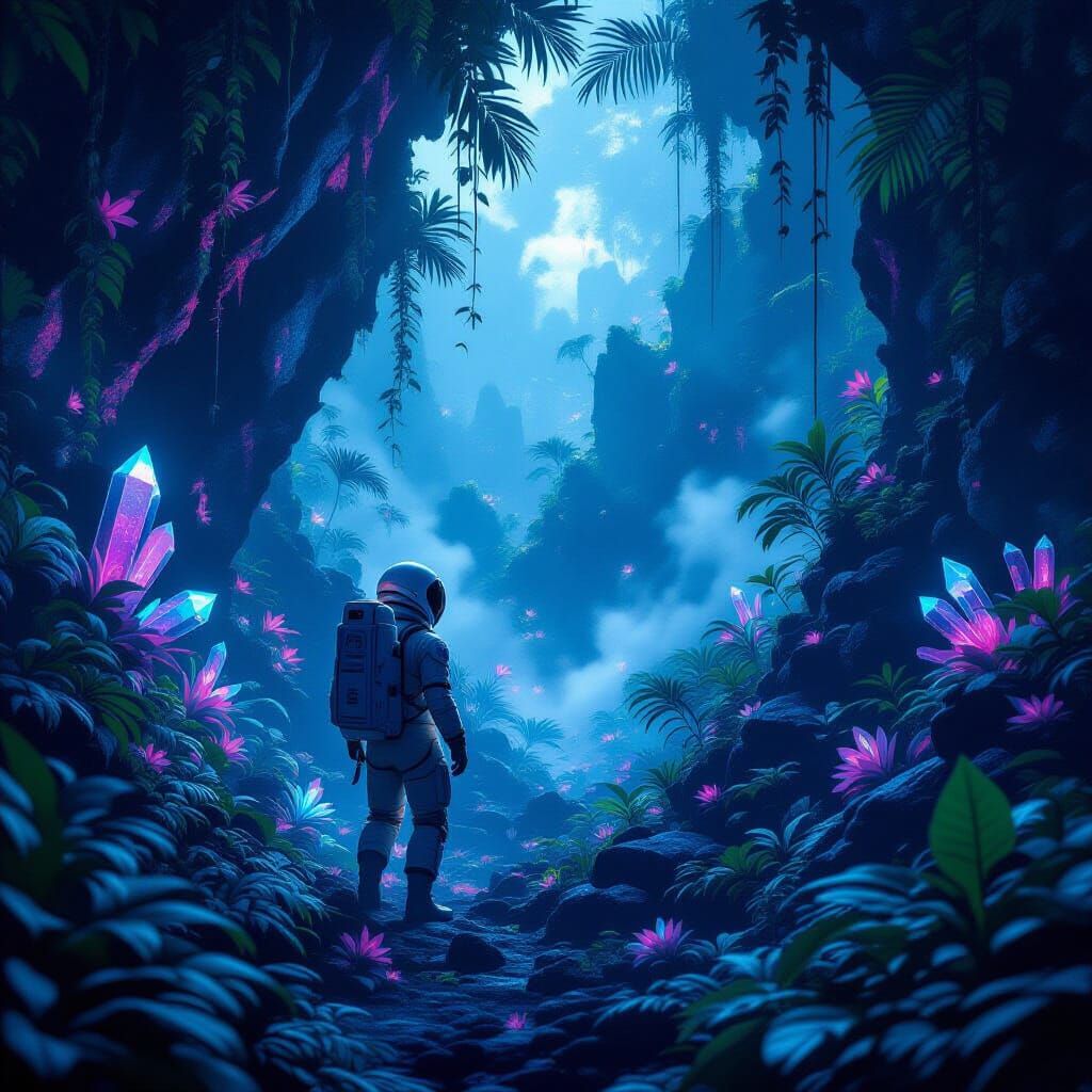 Astronaut Explores Alien Jungle in Dark Fantasy Style