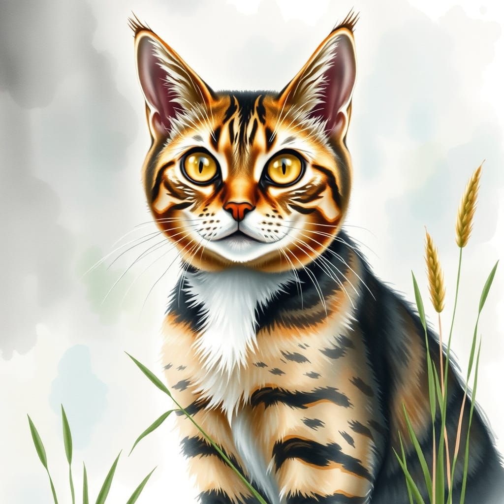 Warm Watercolor Portrait of a Weary Tabby Cat