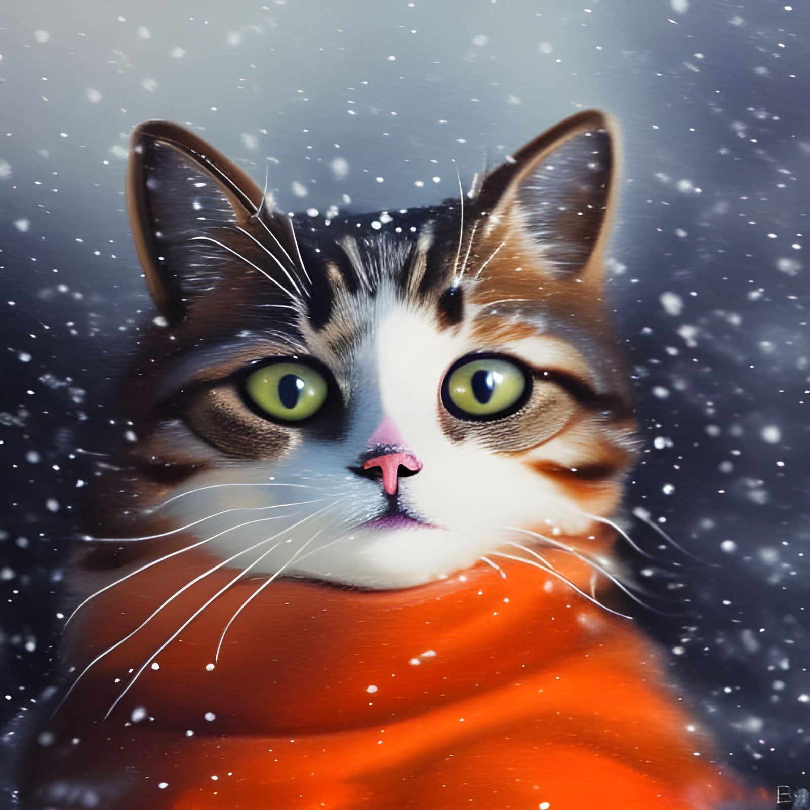 Beautiful Cat in Snow, Oil Painting Style
