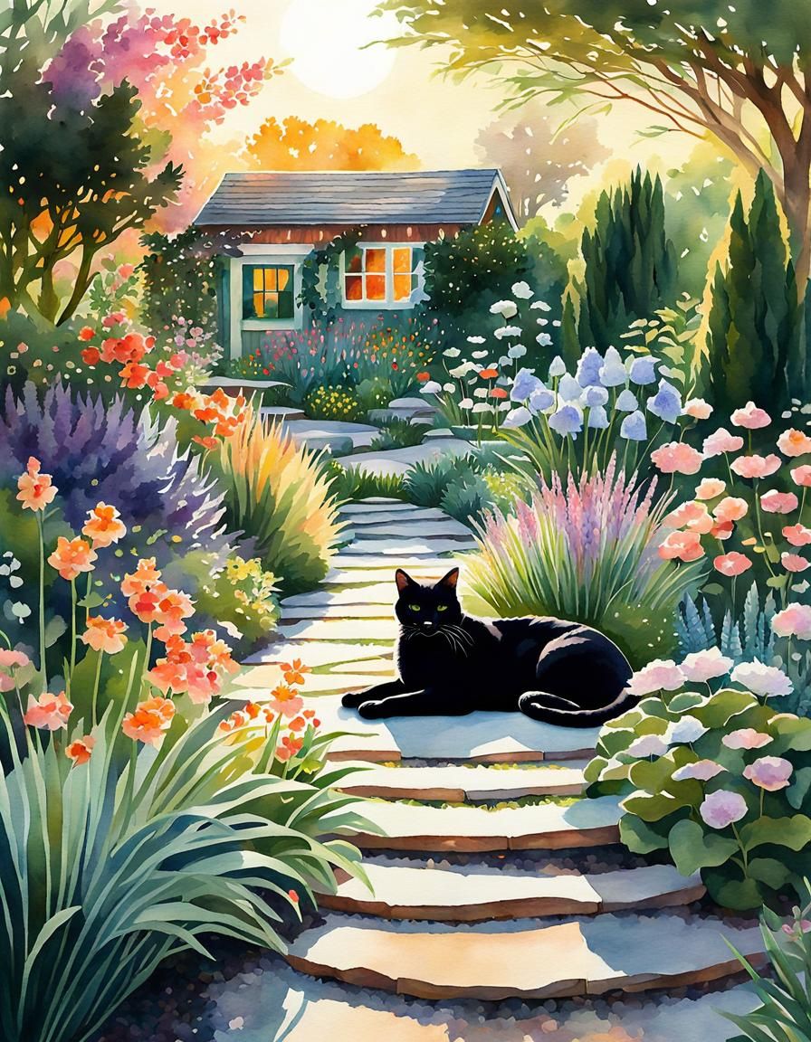 Black Cat in Romantic Watercolor Garden