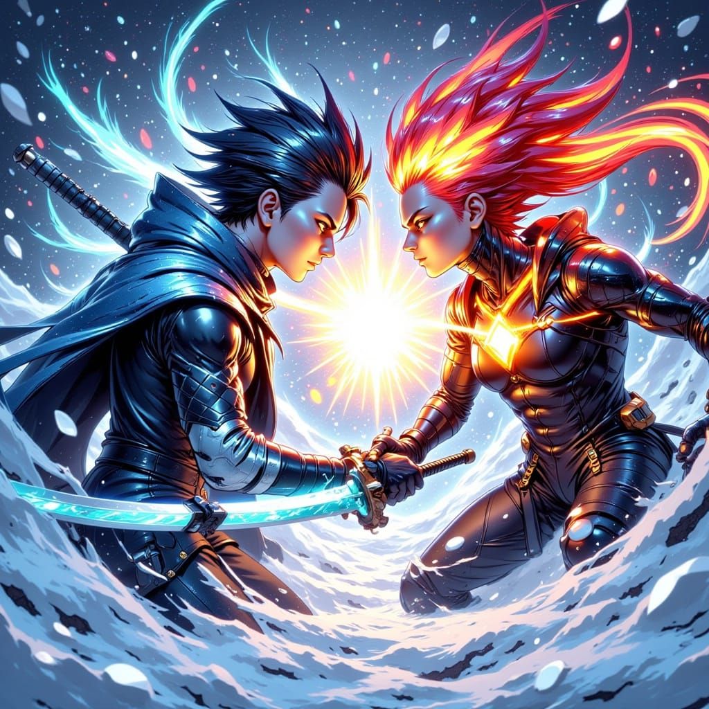 Anime Showdown in Snowy Blizzard with Glowing Katana