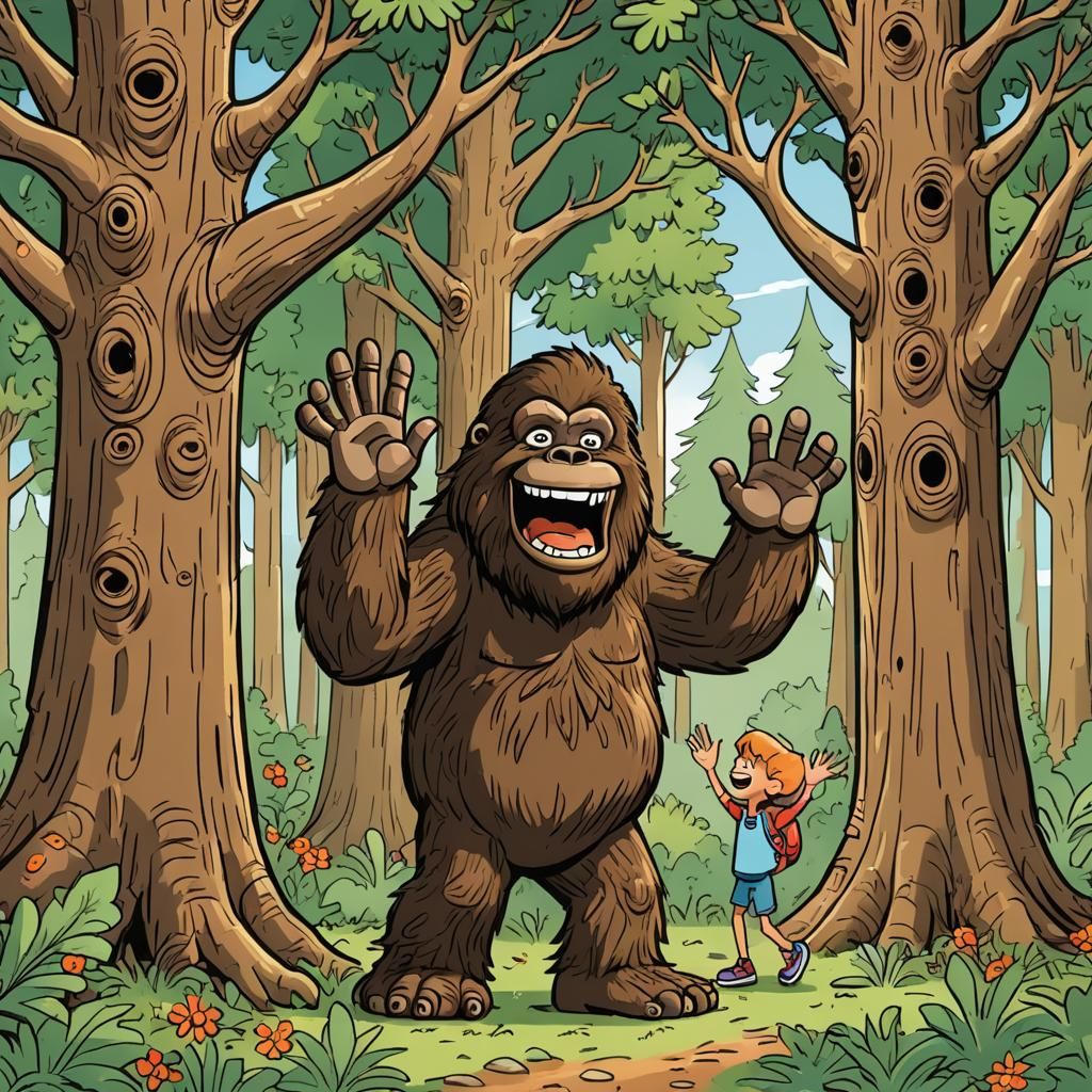 Bigfoot Hide-and-Seek: A Whimsical Forest Illustration
