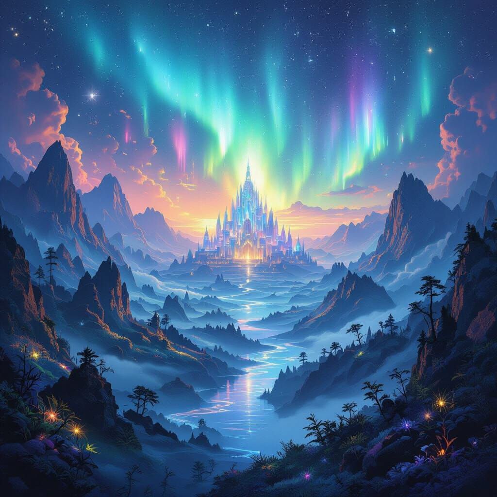 Ethereal Aurora Over Glowing Cosmic Palace