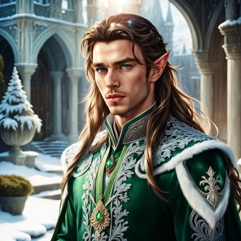 Handsome Elf Prince in Snowy Courtyard Portrait