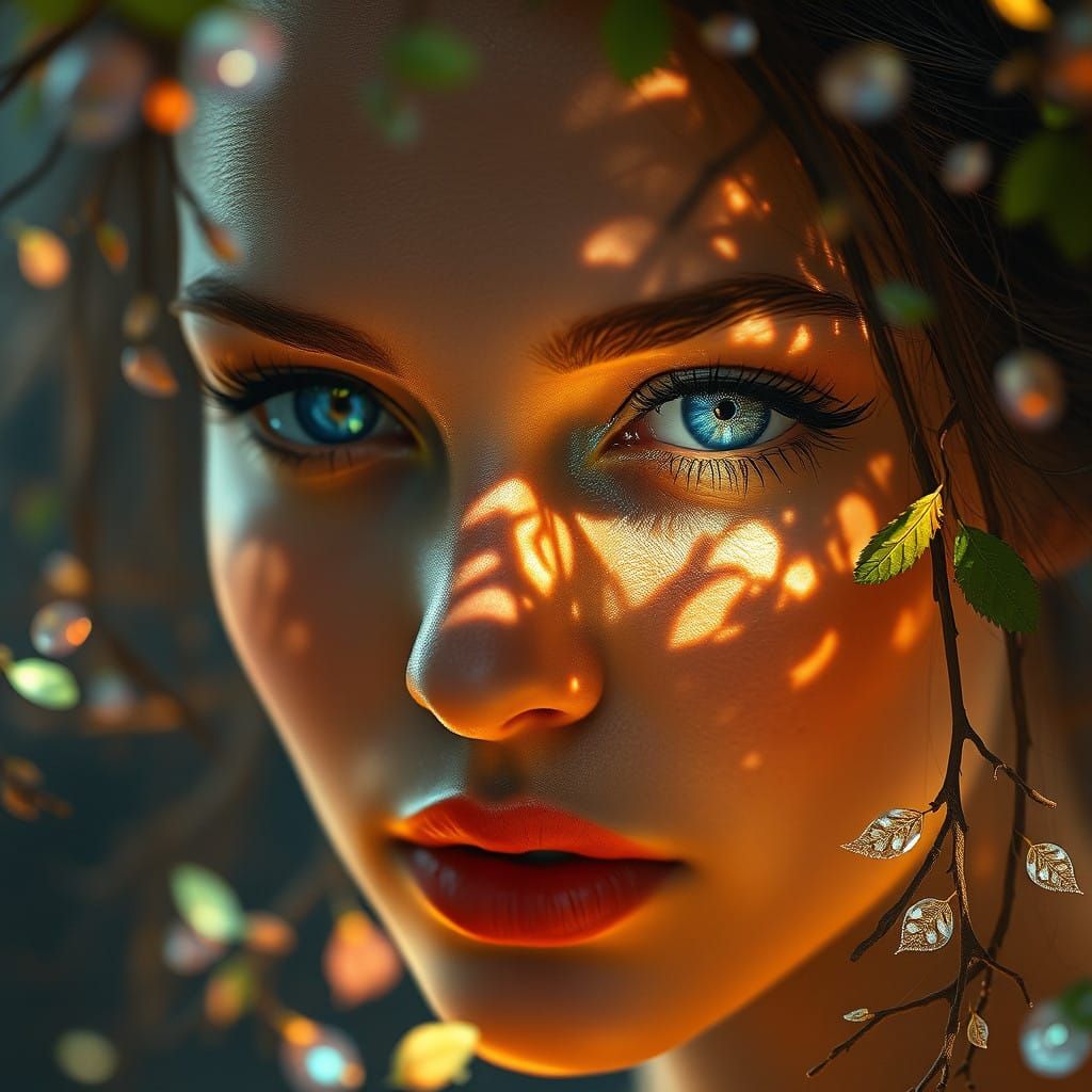 Ethereal Goddess Amidst Iridescent Branches