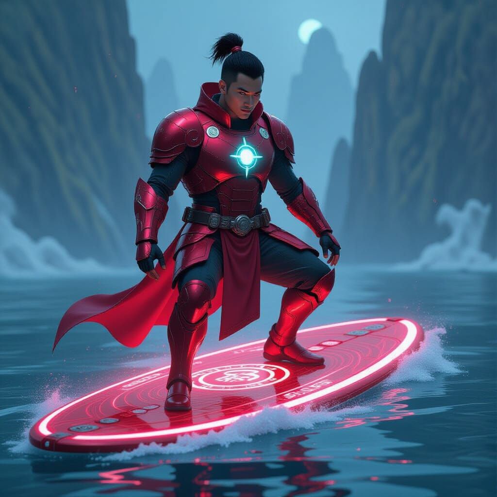 Cosmic Guardian in Sci-Fi Armor on Sonar Wave