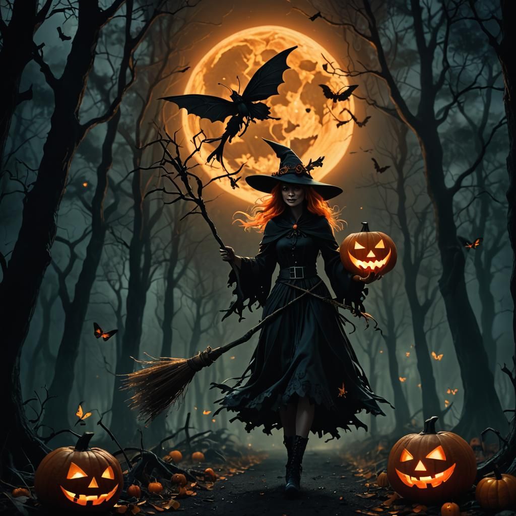 Eerie Witch with Jack-O-Lantern in Dark Forest