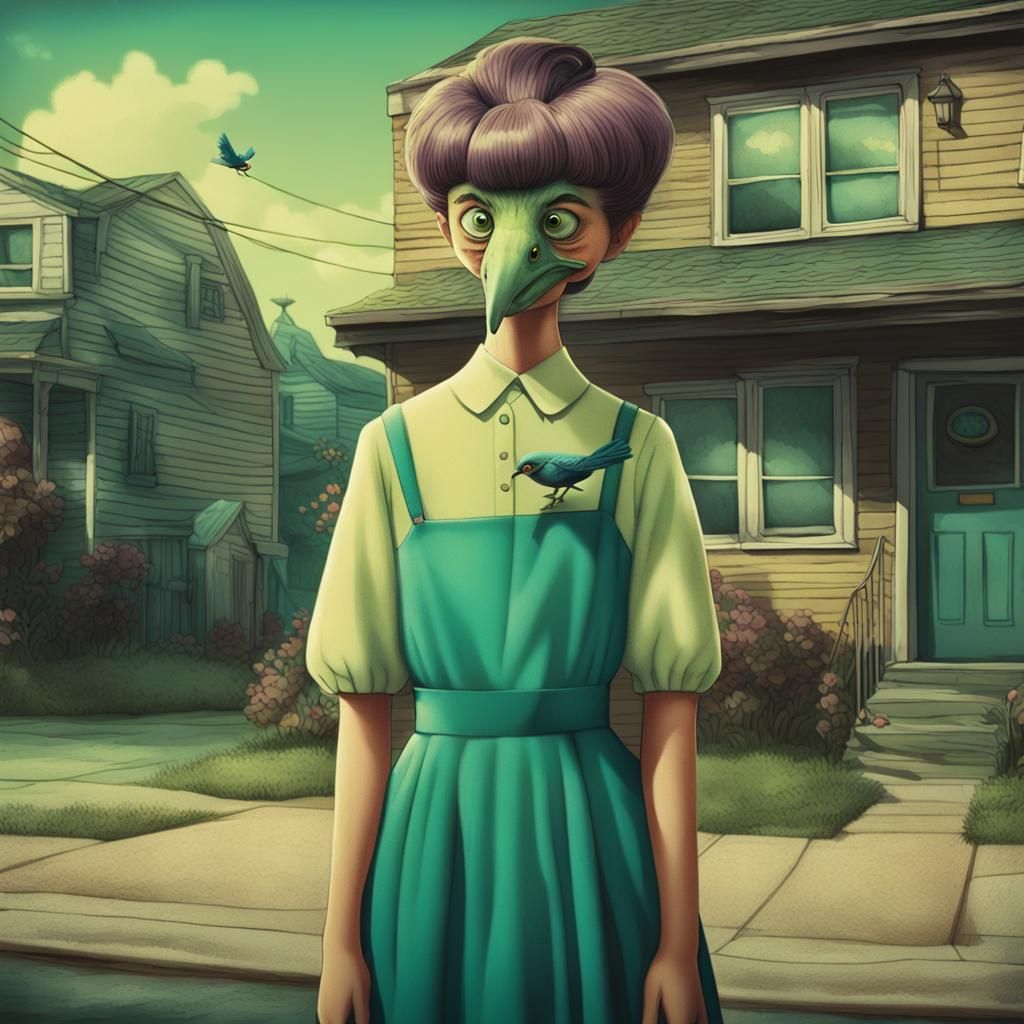 Surreal Slime Figure in Vintage Cartoon Neighborhood