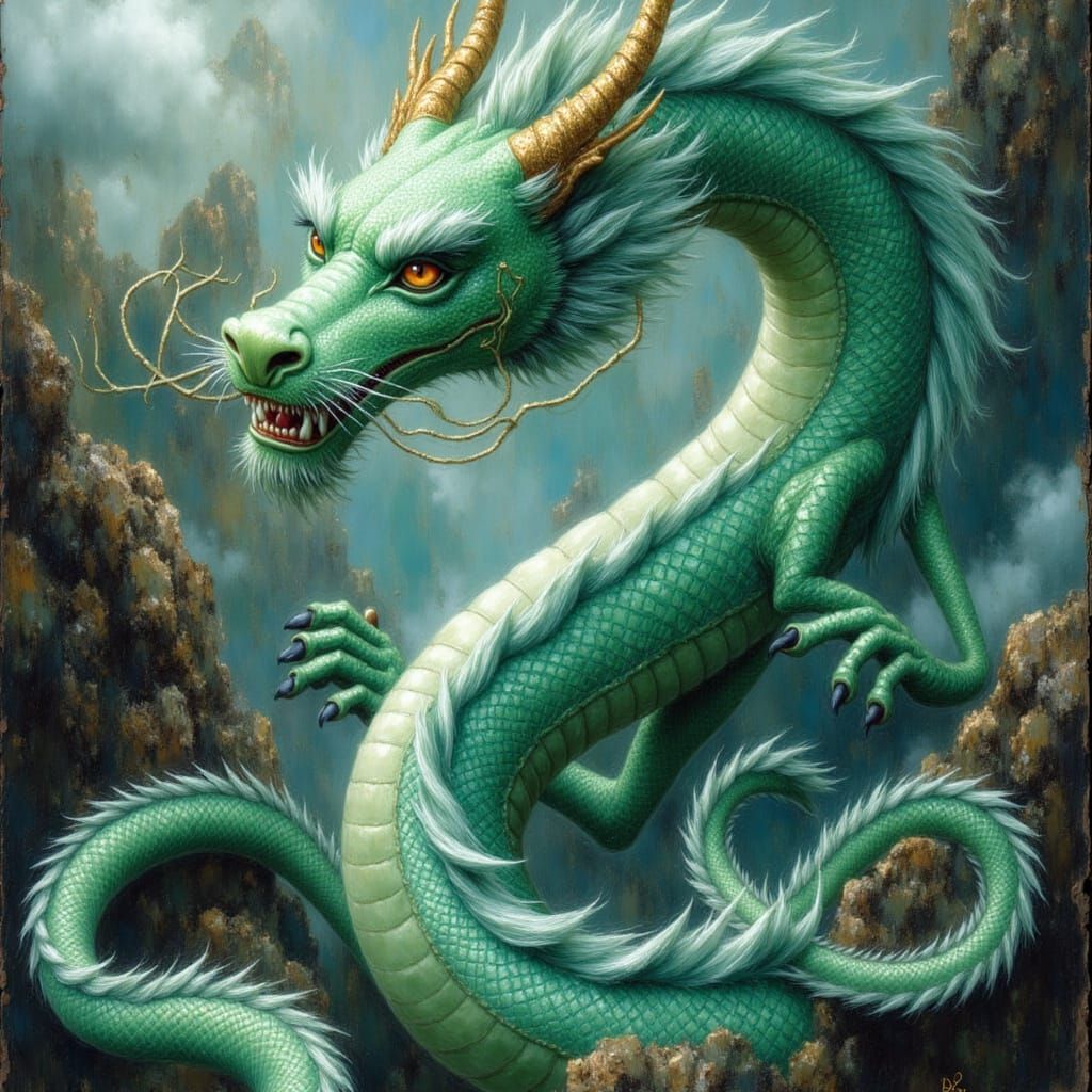 Emerald Jade Dragon Mystical Mountain Scene