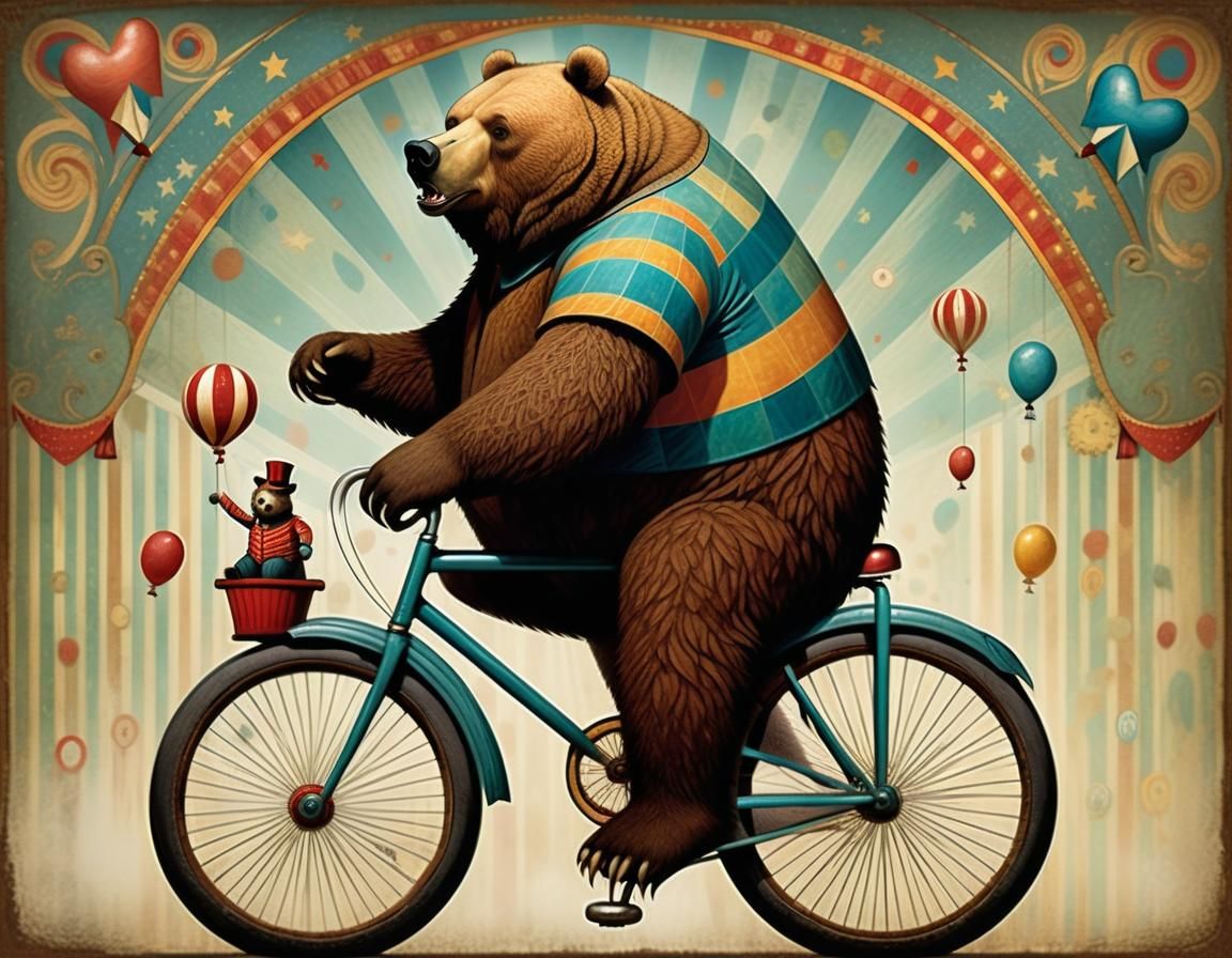 Bear on Bicycle in Whimsical Art-Patchwork Style