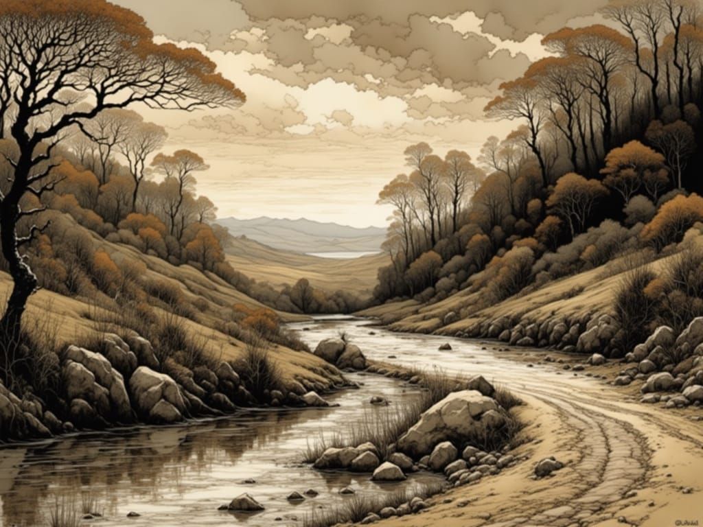 Delicate Wood Engraving Landscape