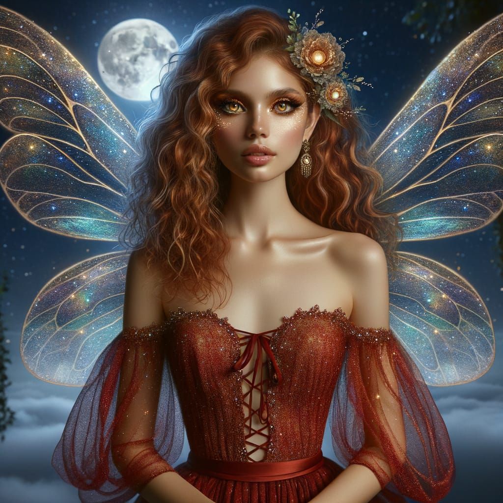 Enchanting Fire Fairy in Ruby Red Dress