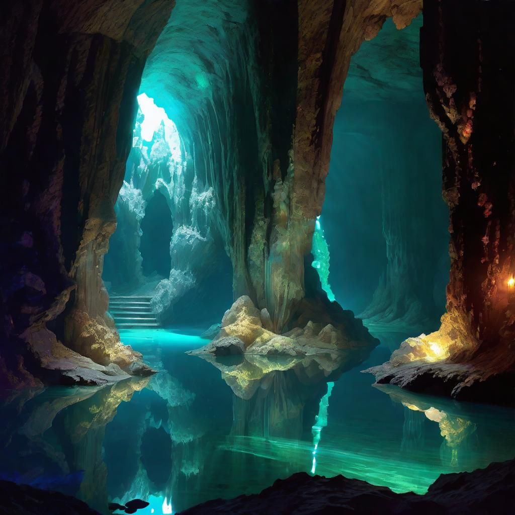 Luminescent Crystal Cave and Lake in Anime Style