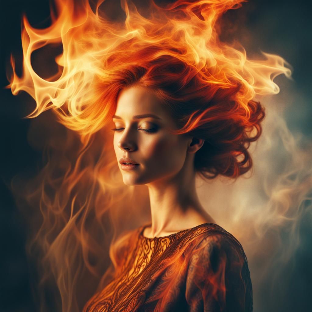 Fiery Portrait in Double Exposure Collage Art