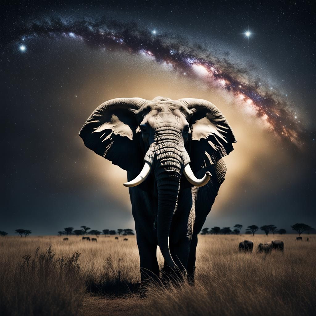 African Elephant Herd Protected Under Starlit Sky
