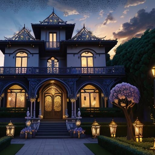 Art Nouveau Villa in Flowering Garden at Night