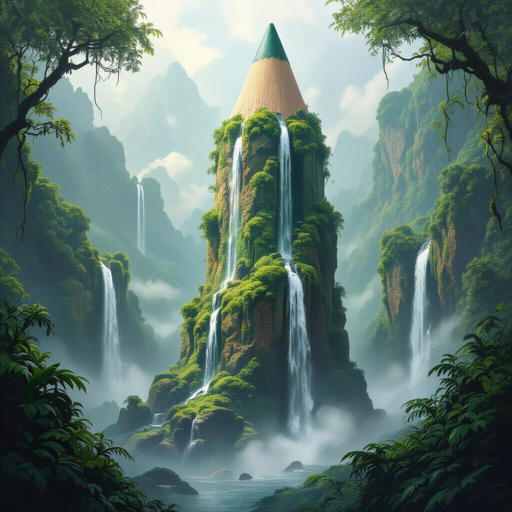 Giant Pencil Rock Formation with Waterfalls in Misty Jungle