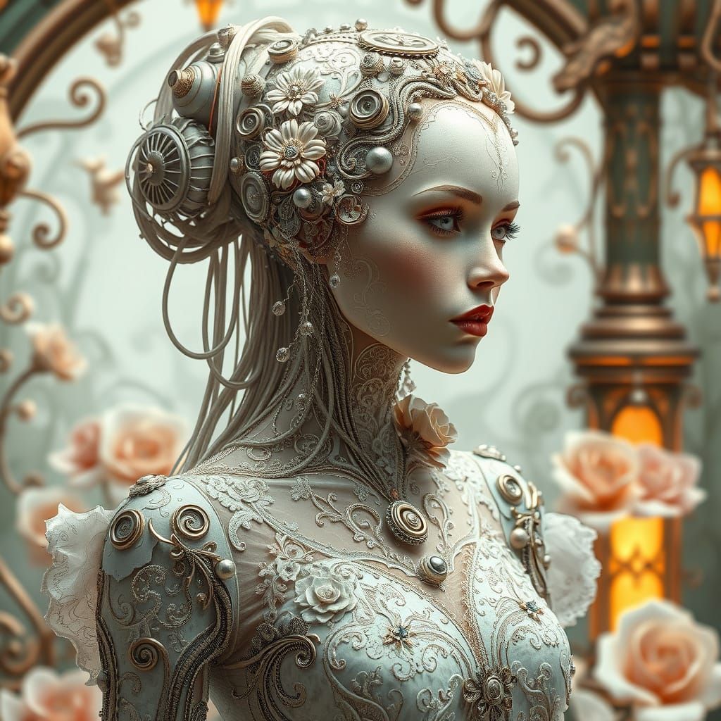 Steampunk Cyborg Lady with Metal Filigree