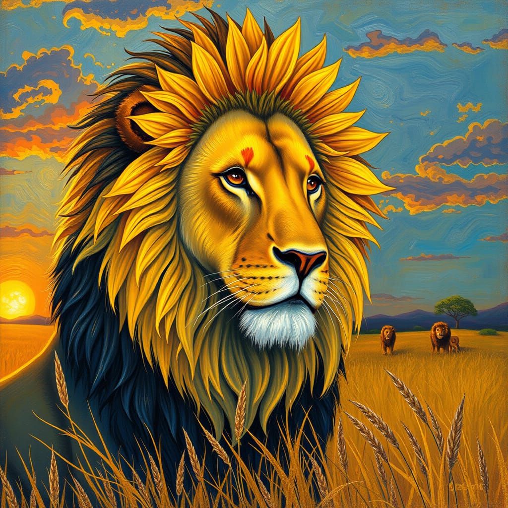 Golden Lion with Sunflower Mane in Dreamy, Expressionist Sty...