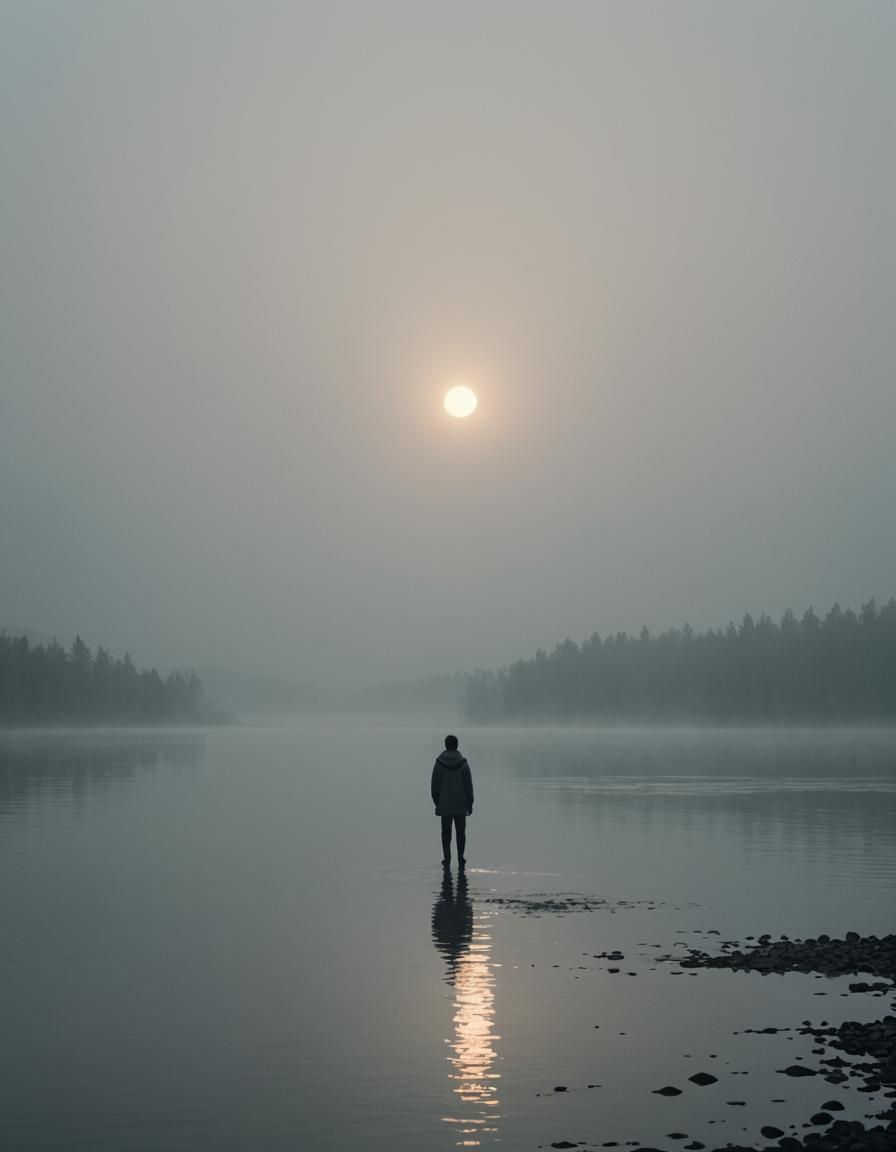 Lone Figure Gazing at Silver Sun: Cinematic Still