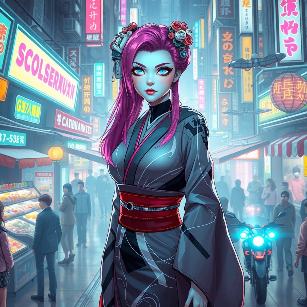Cyberpunk Geisha in Neon Marketplace